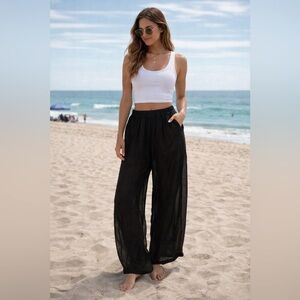 Lola Wide Leg Bohemian Black Flowy Silk Pants Size Large NWT
